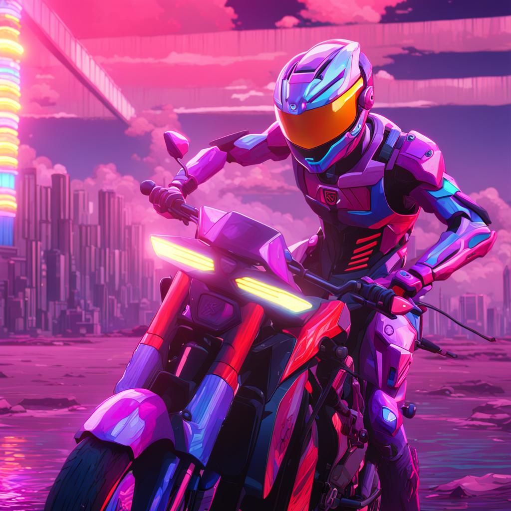 Vaporwave Android Motorcycle Rider in Arty Style