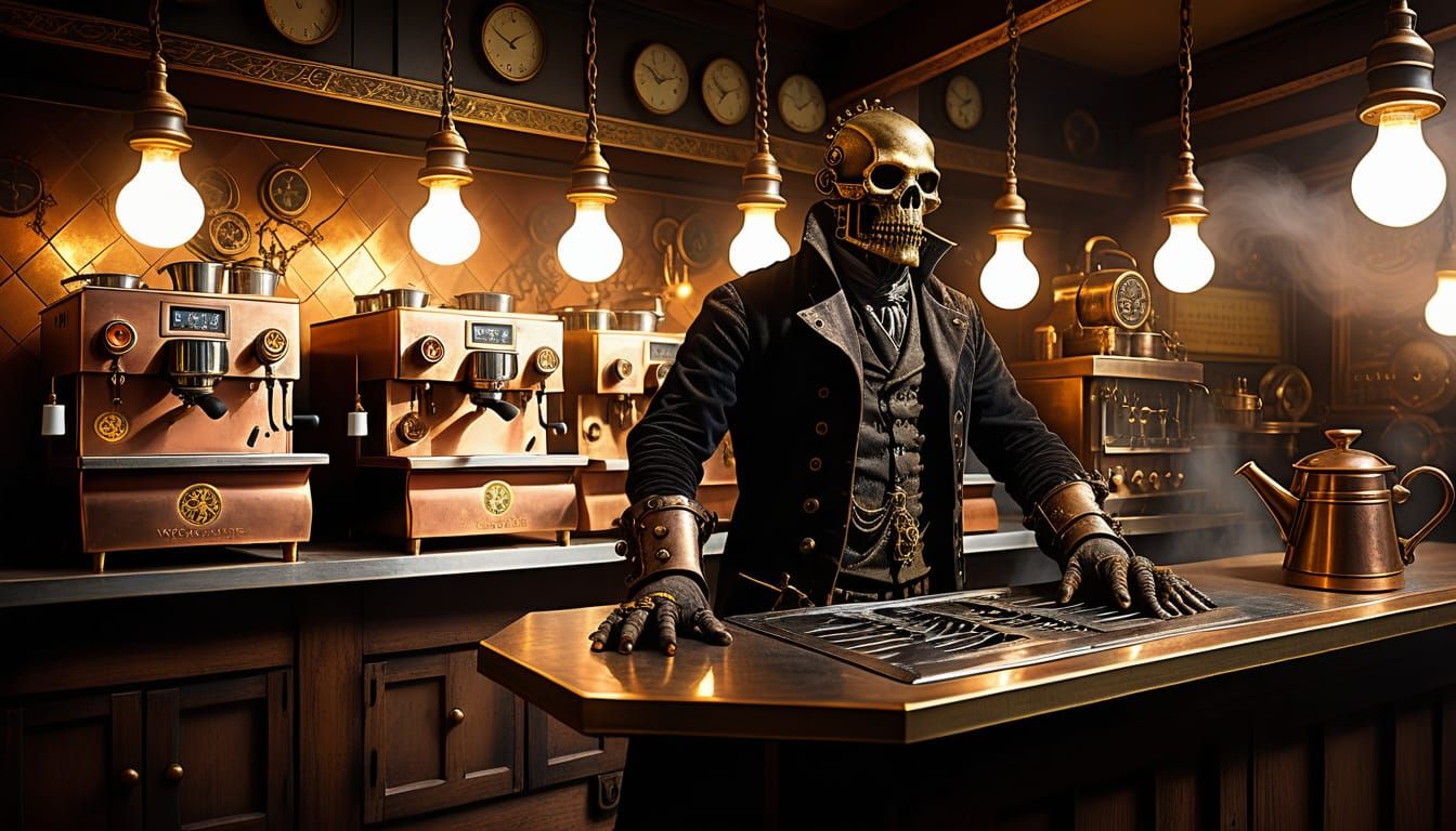 Steampunk God of War Surrounded by Undead in Foggy Bistro