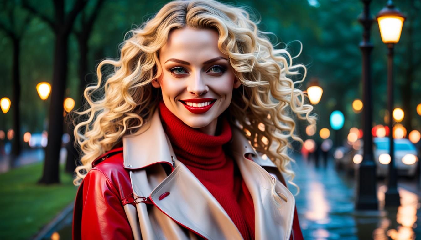 Blonde Woman in Red Gloves Walks in Snowy Park