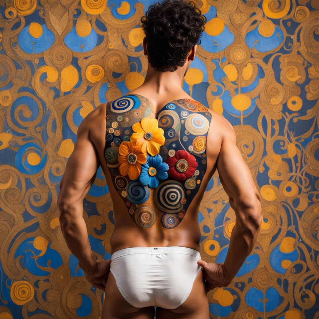 Gustav Klimt style male body painting. Photo from backside.