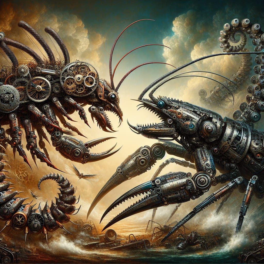 Mechanical Centipede vs Lobster in Digital Matte Painting