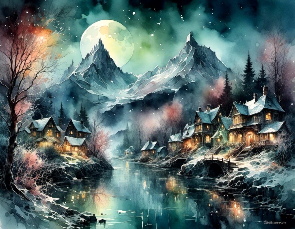 Arctic Elven Town by Sea in Watercolor Painting