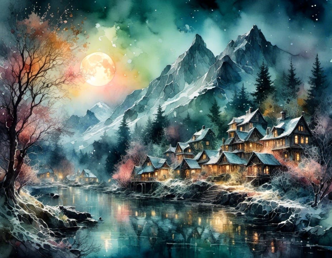 Arctic Elven Town by the Sea: Watercolor Painting