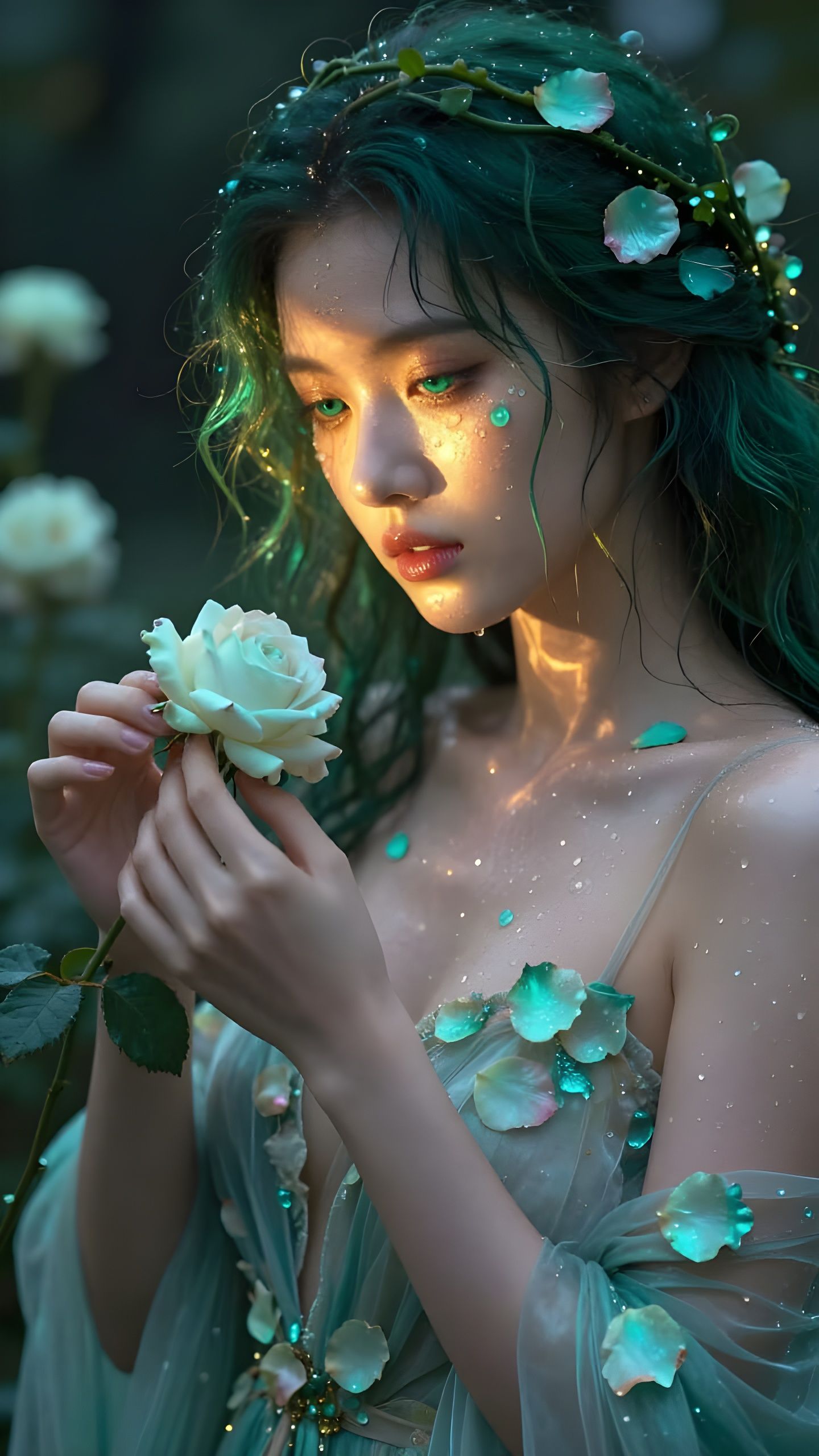 Dryad Priestess Pruning Night-Rose in Bioluminescent Garden