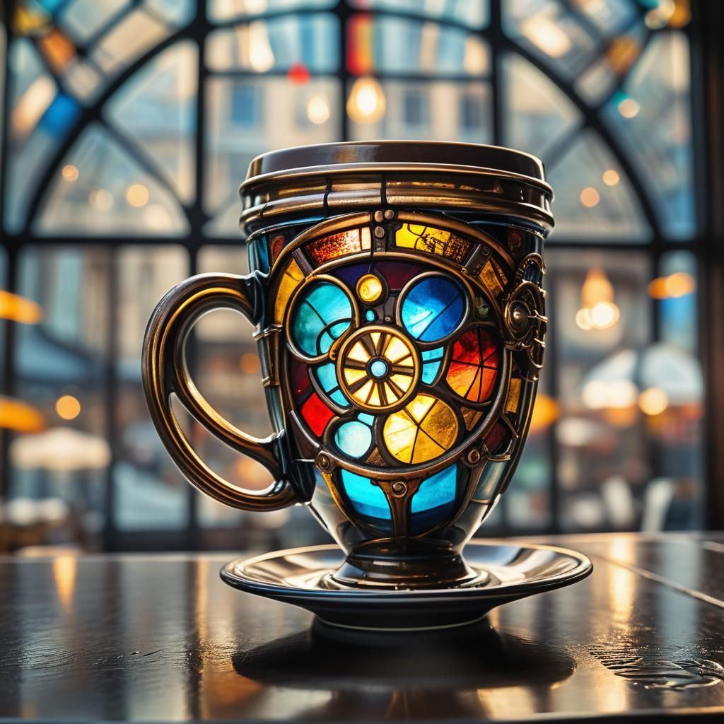 Steampunk Stained-Glass Coffee Cup in Paris Cafe