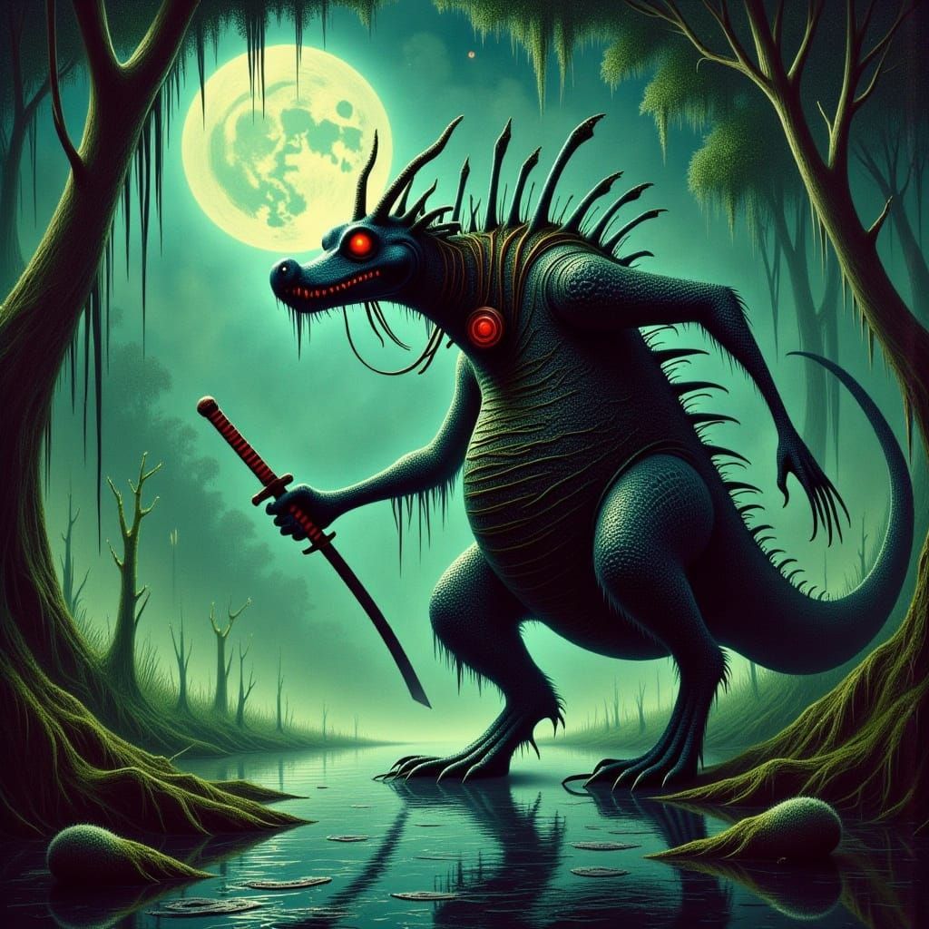 Crocodile Samurai Assassin in Moonlit Jungle