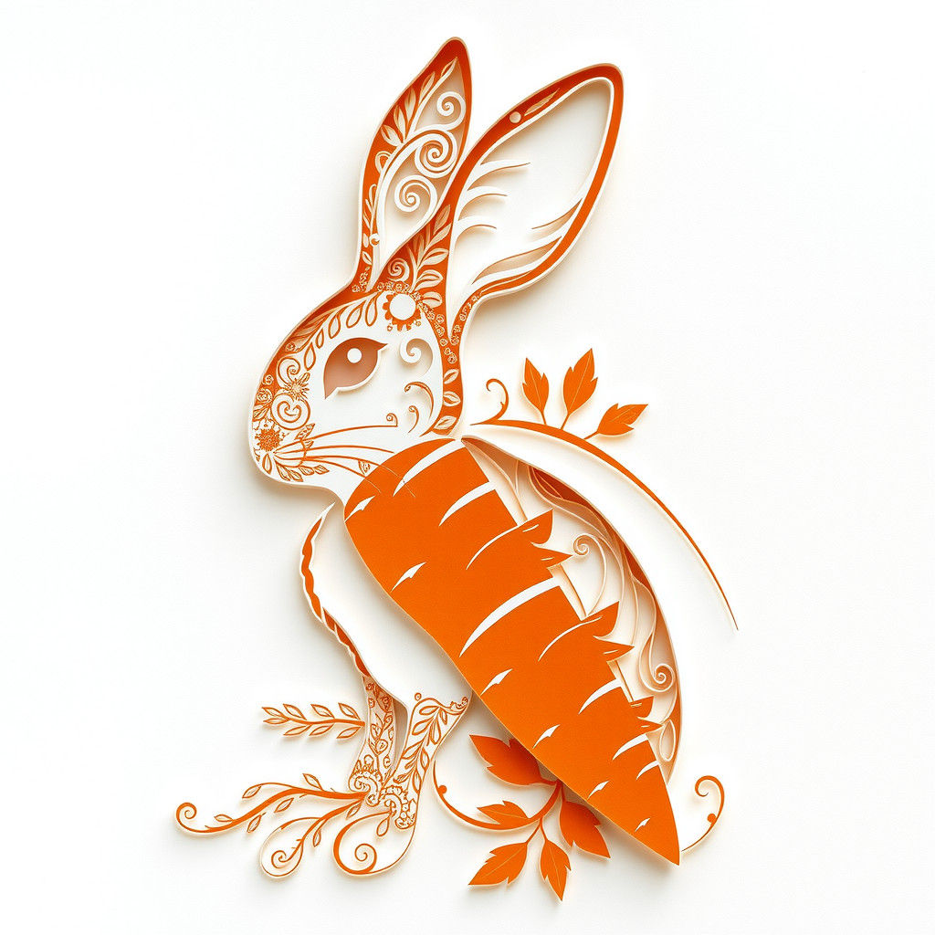 A hyper-detailed papercut art of a rabbit fusion with a carrot. Papercut style. abstract vector fractal, wave function,...