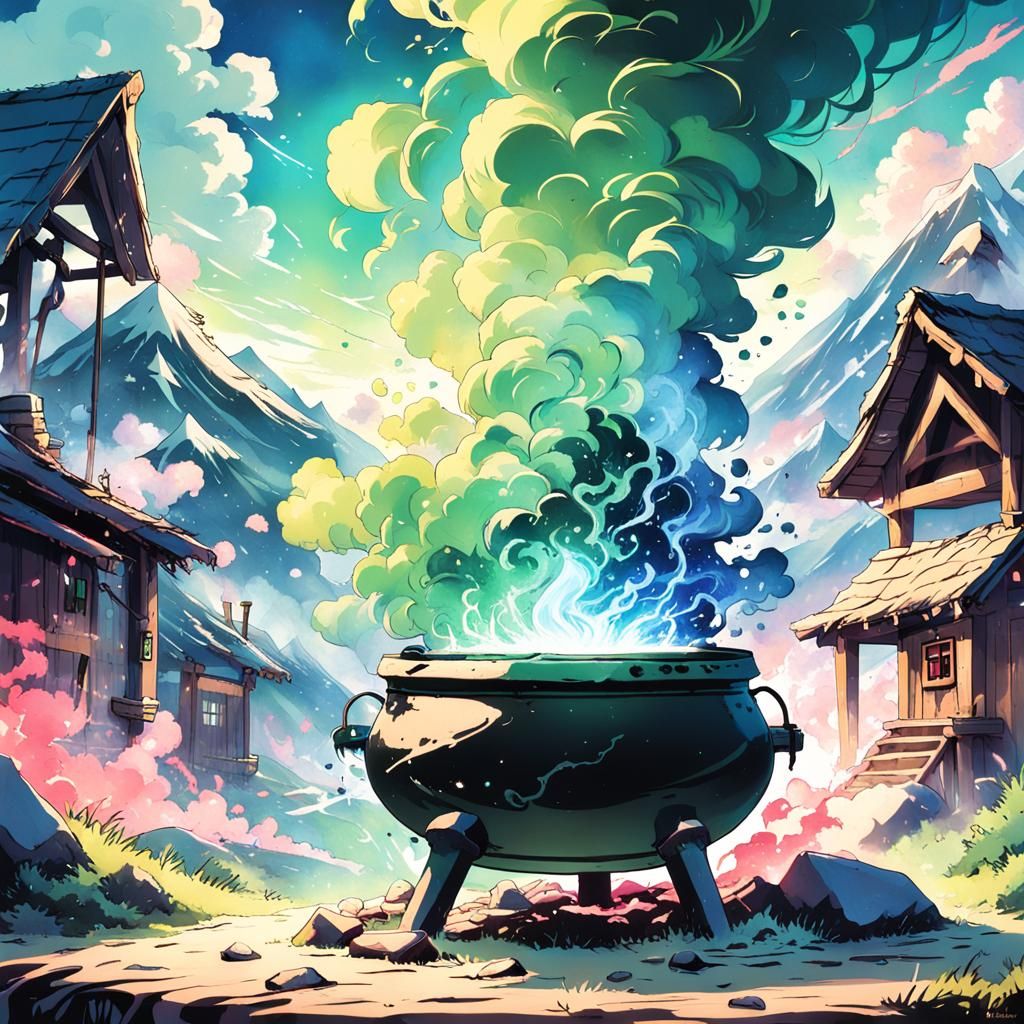 Cartoon Witch-Shack with Magic Smoke and Souls