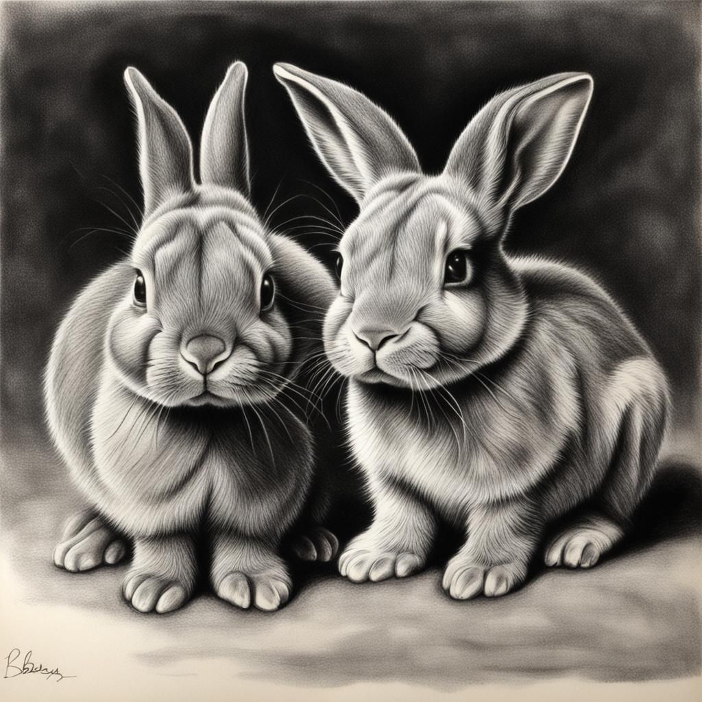 Hyperdetailed Charcoal Drawing of Two Baby Bunnies