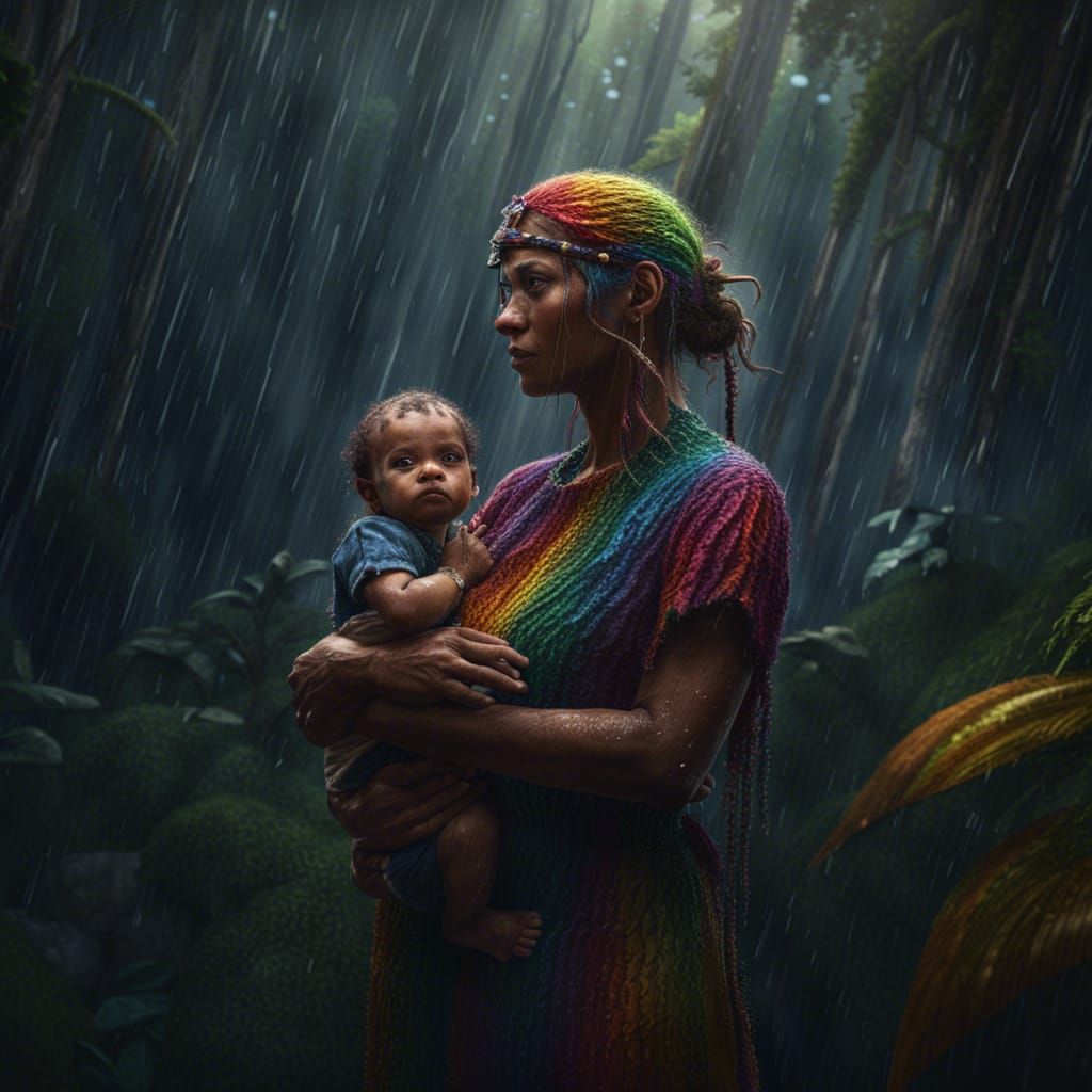 Mother and Child Soul's Journey in Rainbow Rain