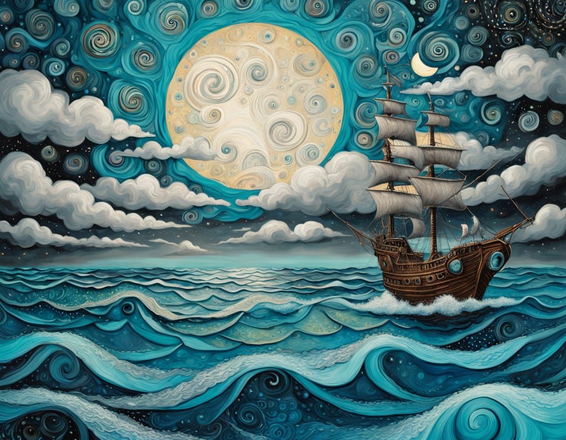 Abstract Ship at Sea Under Swirling Clouds