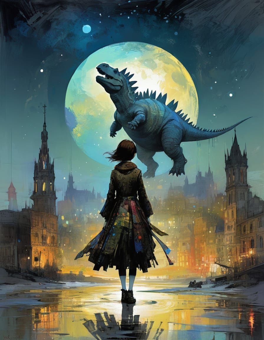 Stegosaurus and Luminous Moon: Colorful Matte Painting