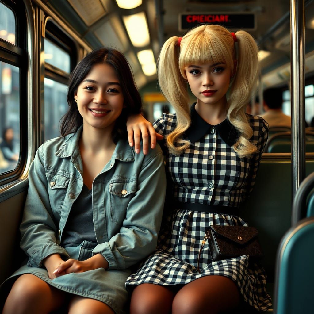 Intimate Moment Between Two Women in a Cinematic Bus Scene