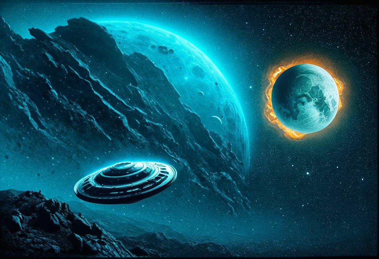 Sci-Fi Space Scene: Saucer, Moon, Earth, Meteor Shower