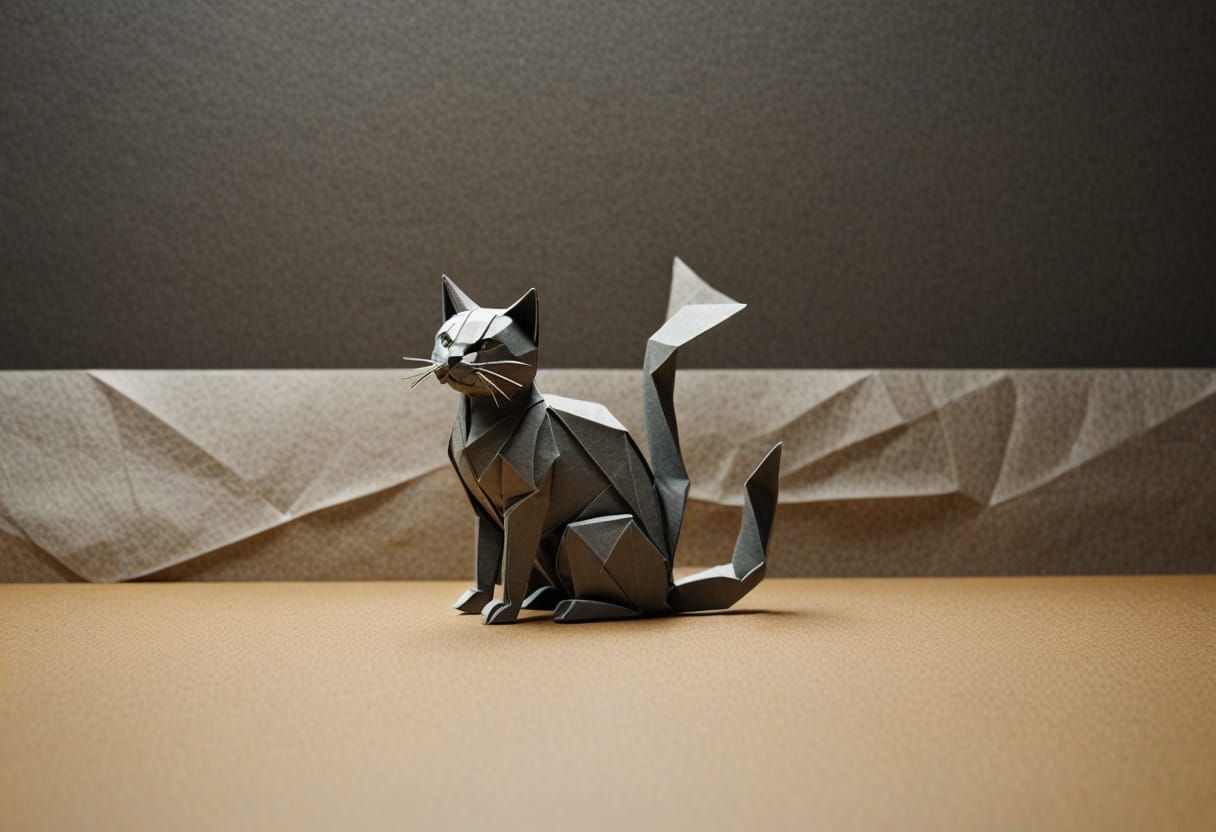 Detailed Origami Cat Art with Delicate Paper Textures