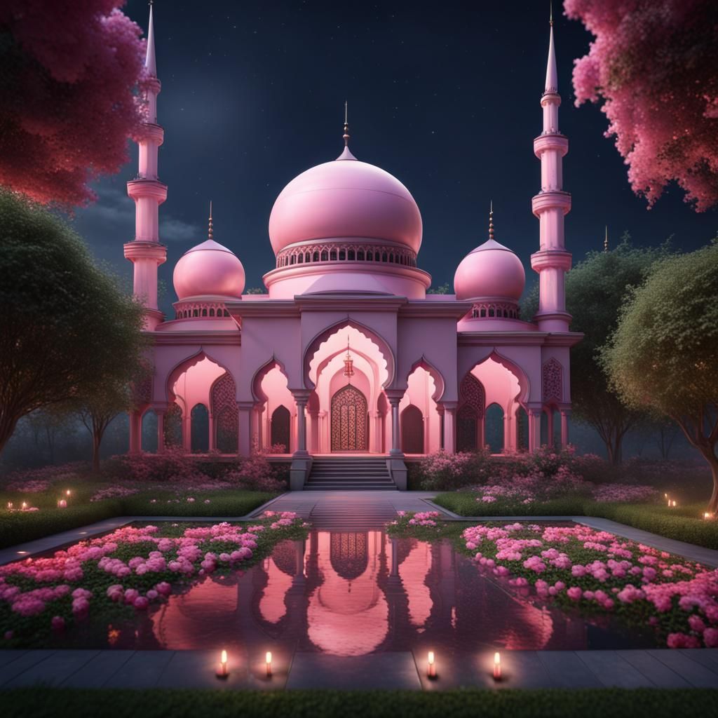 Hyperrealistic Pink Mosque with Flower Garden at Night