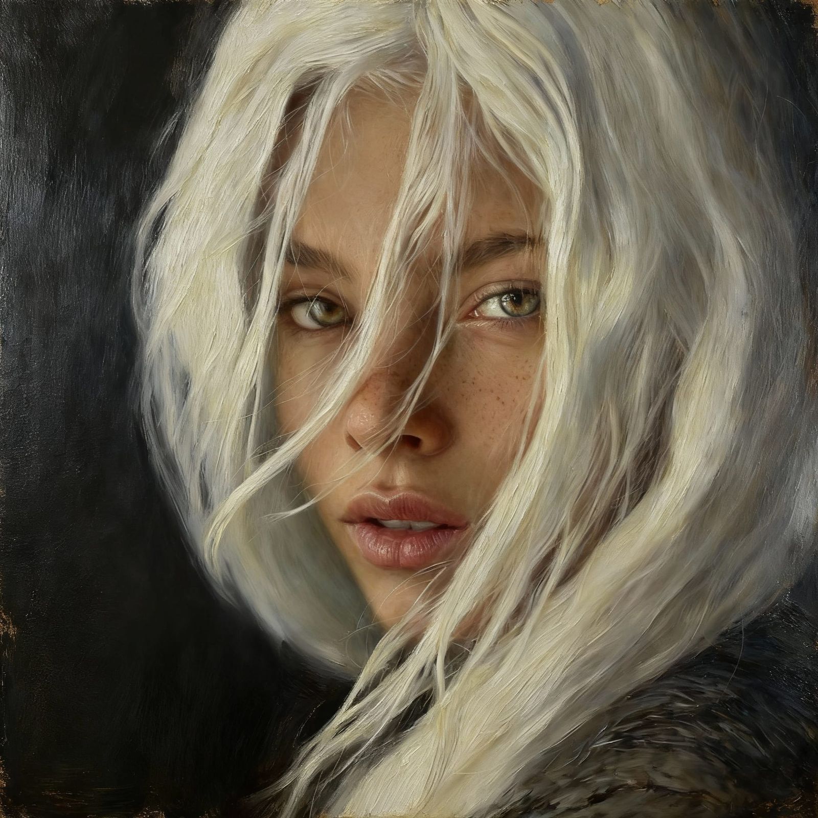 Oil Painting Portrait of a Freckled Woman with White Hair