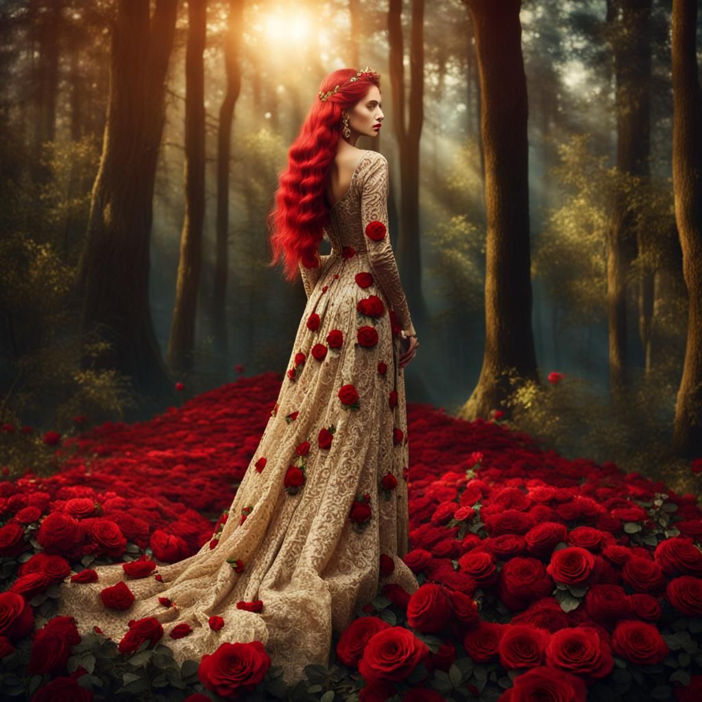 Woman in Red Rose Dress, Digital Matte Painting