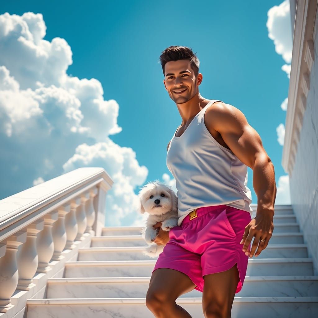 Chiseled Hero Walks Down Marble Staircase in Vibrant Pink