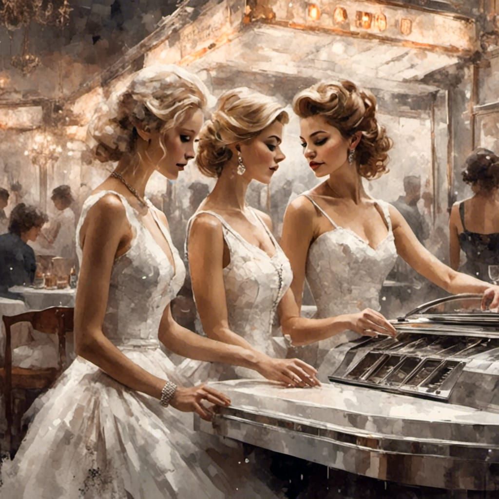 Women at Jukebox in Antique Watercolor Style