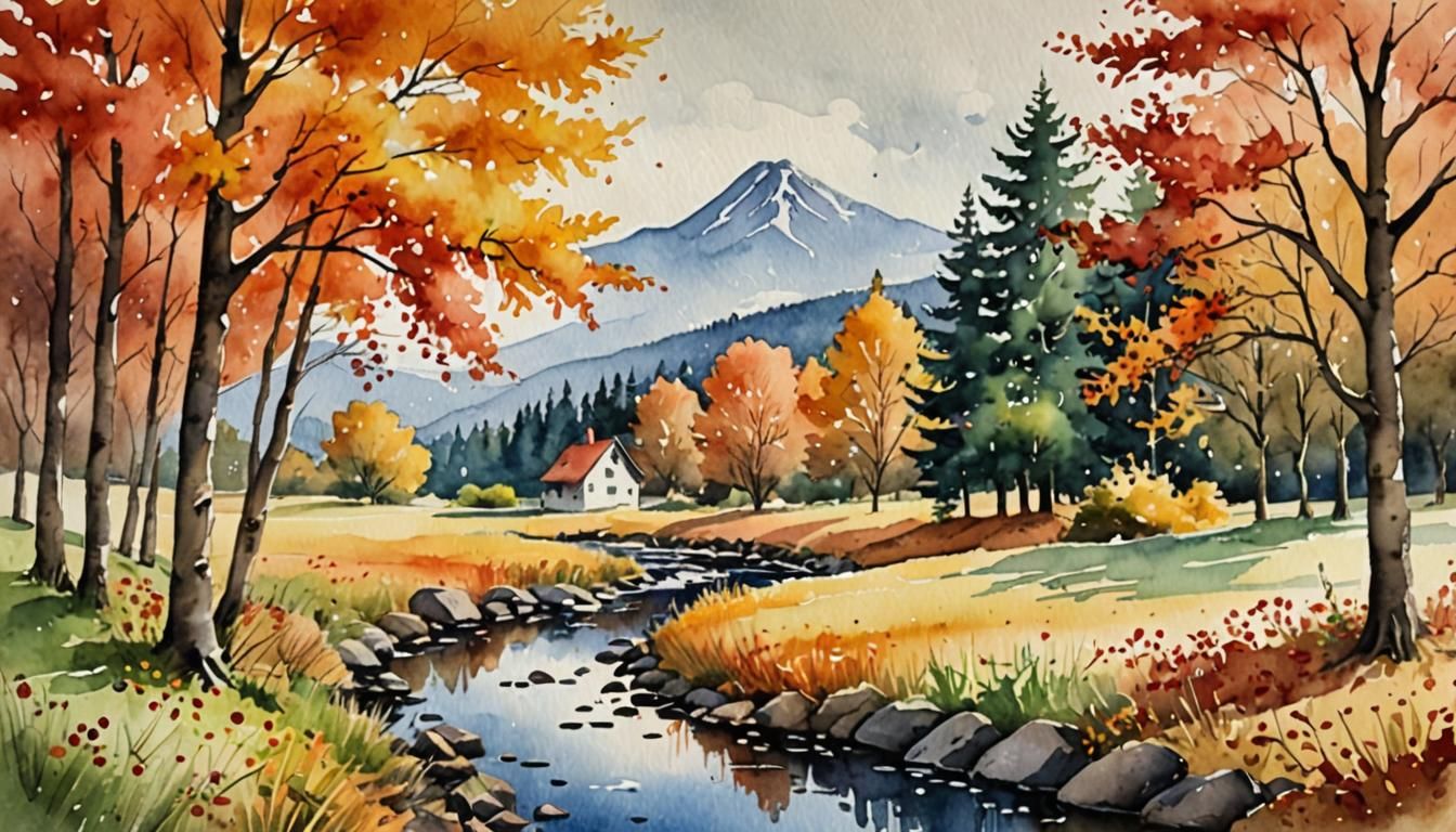 Autumn Landscape in Watercolor Technique
