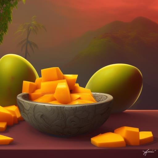 Bowl of Mangoes in Detailed Matte Painting Style