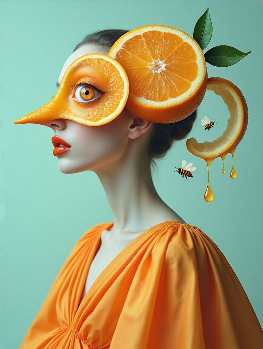 Surreal Tangerine Goddess in Citrus Peel Portrait