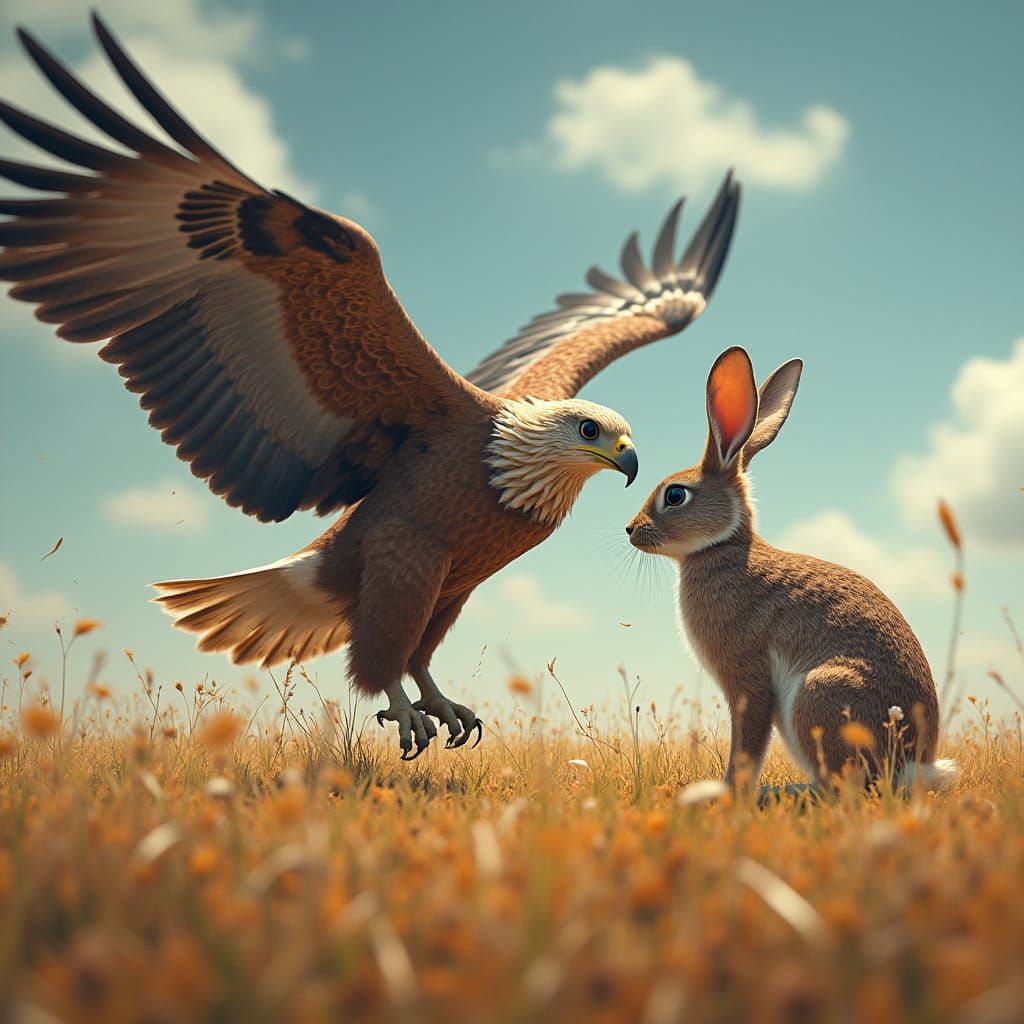 Photorealistic Rabbit and Eagle in Dramatic Field