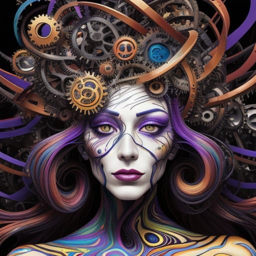 Surreal Portrait with Clockwork Hair and Vortex Background