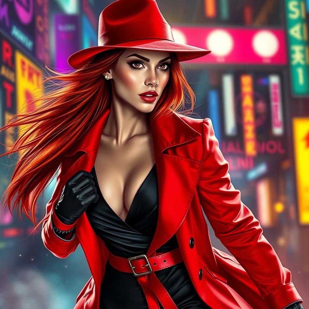 Fiery Argentinean Woman in Red Fedora and Trench Coat