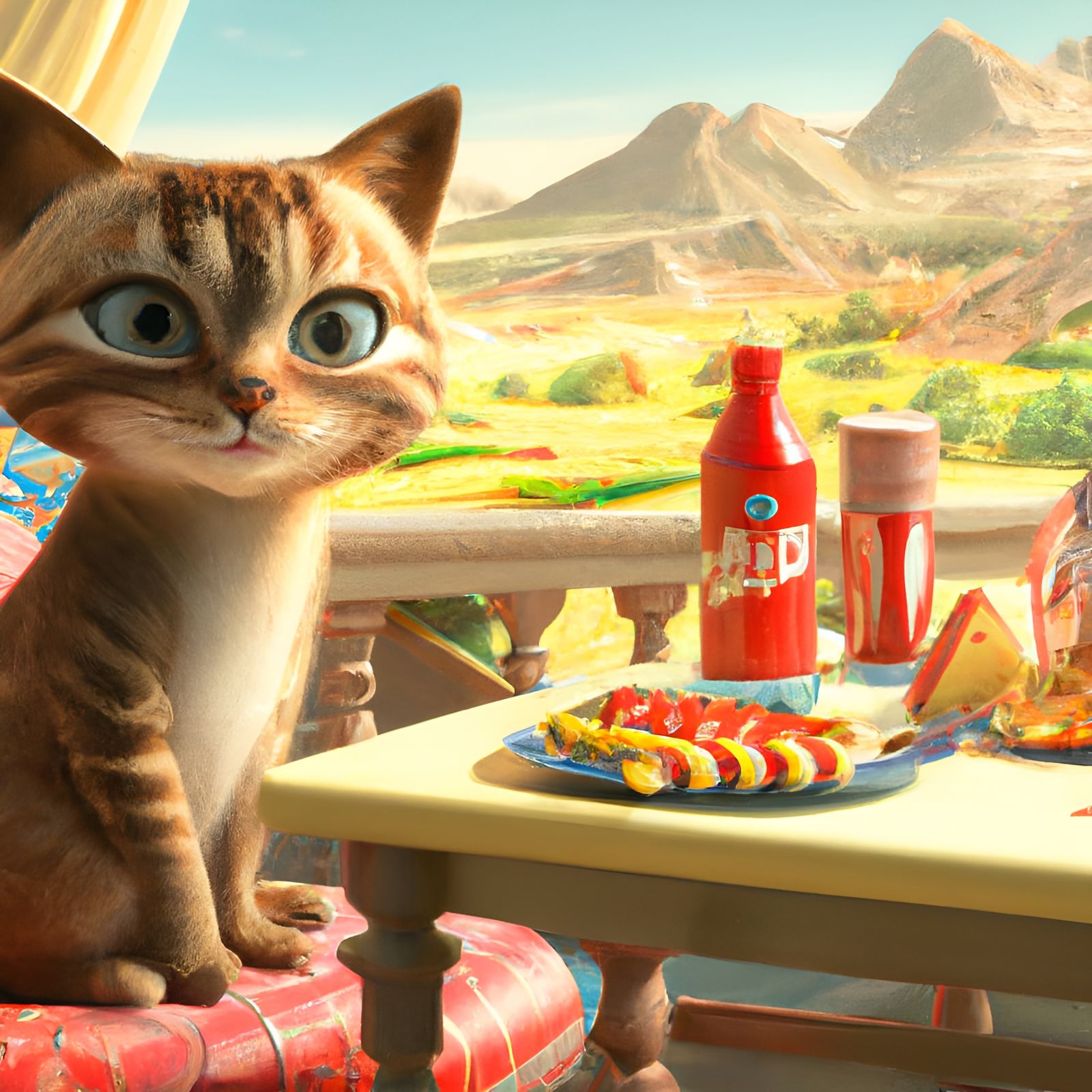 Adorable Cat with Catsup, 3D Rendered Art