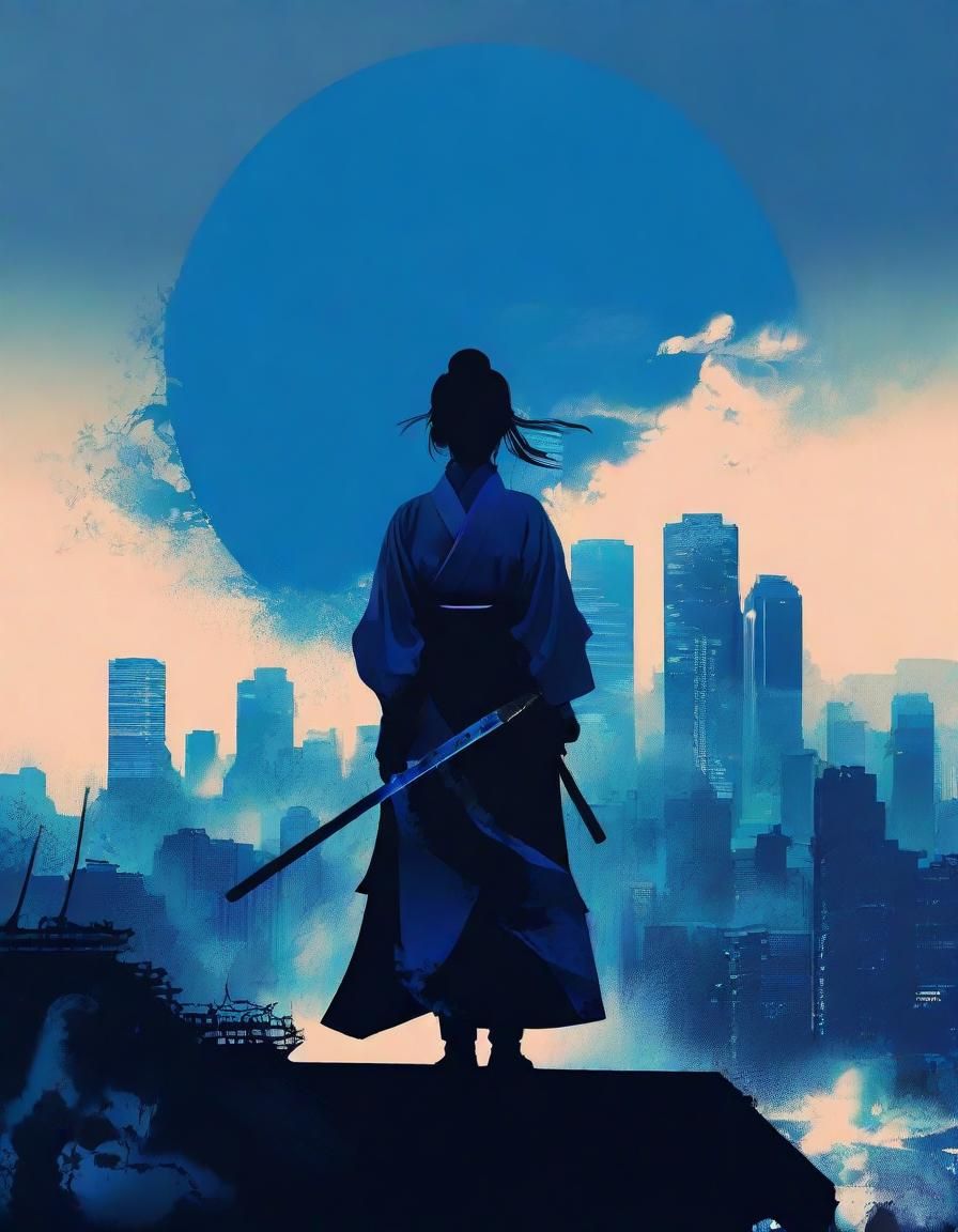 Glitchcore Samurai Geisha Silhouette in Cyberpunk City