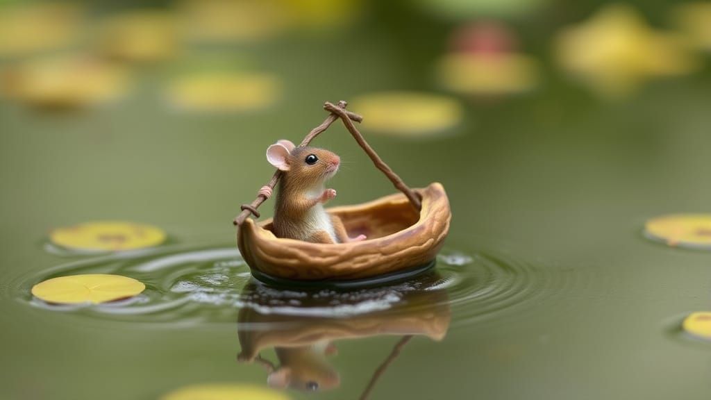 Whimsical Walnut Voyage: Tiny Mouse Sails Across Serene Pond