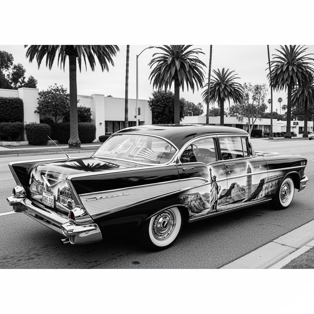 1957 Bel Air with Landmark Murals in Black and White