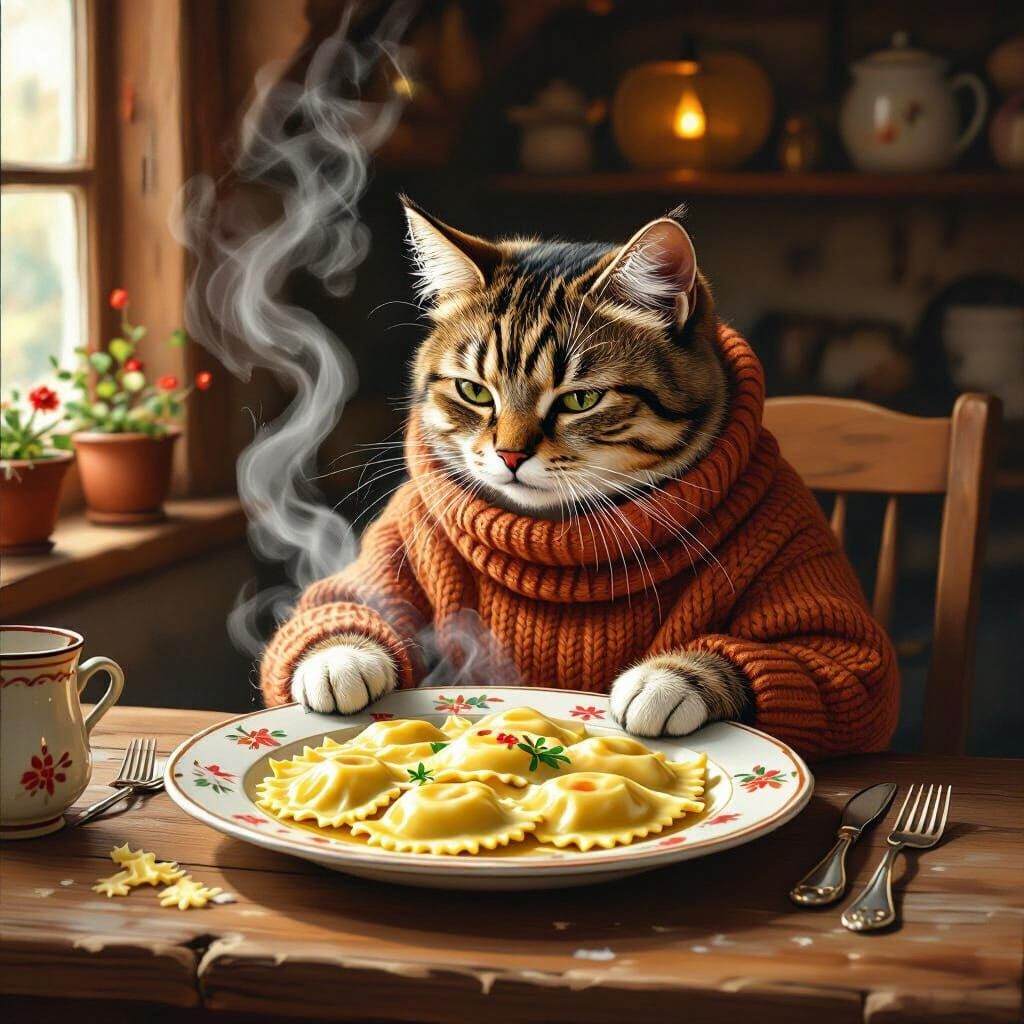 Cat Smelling Ravioli in Beatrix Potter Style