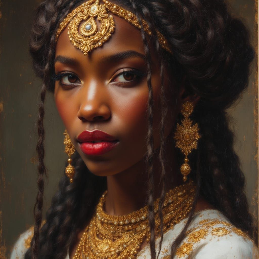African Goddess Portrait in Luminous Oil Painting Style