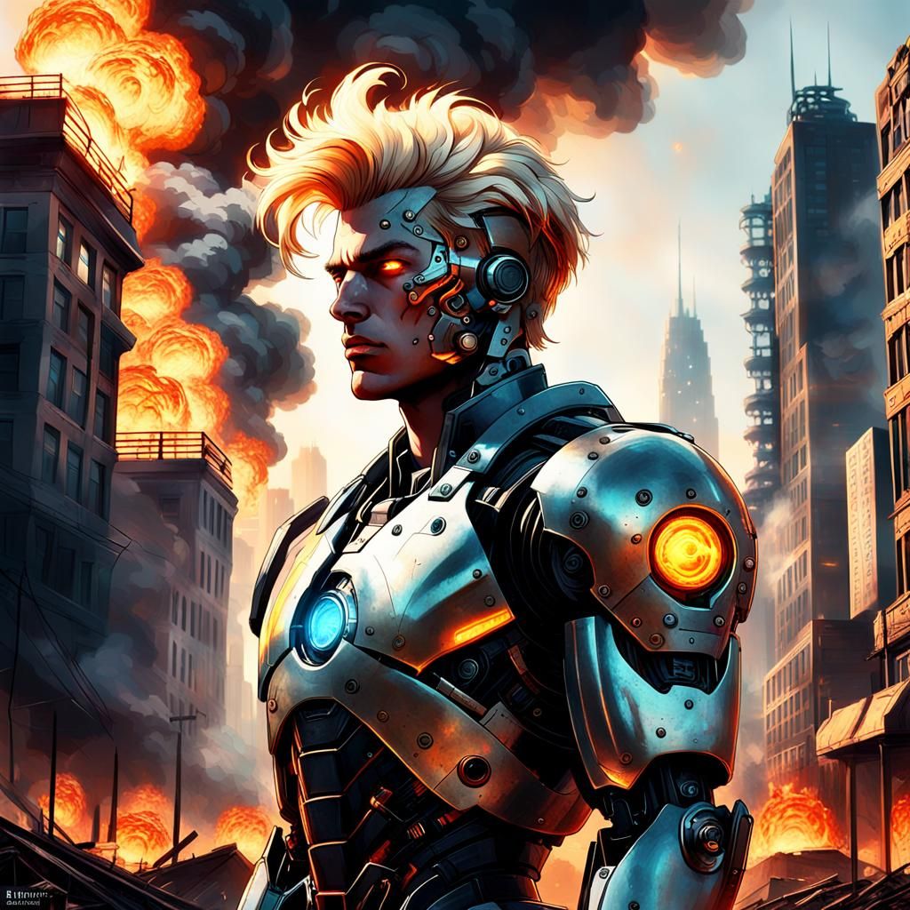 Dystopian Cyborg in Burning Cityscape Splash Art