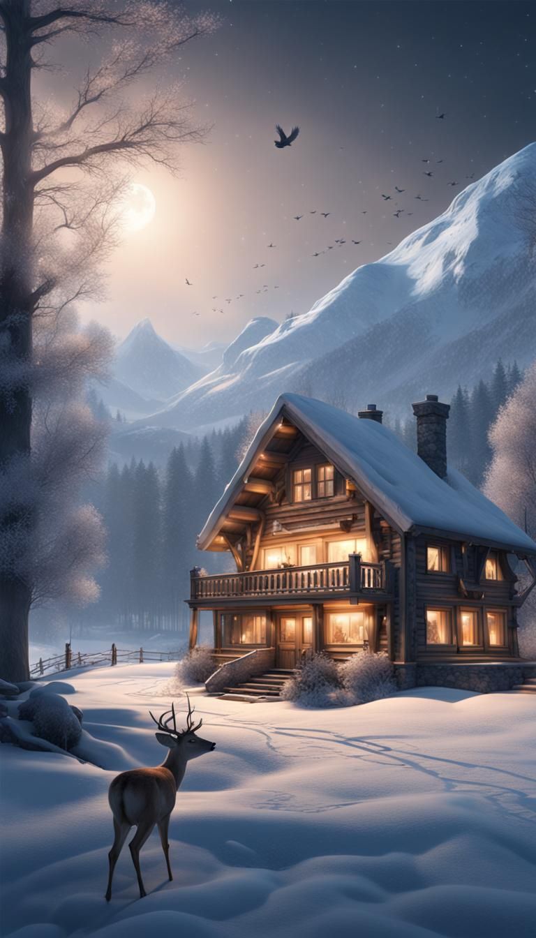 Photorealistic Winter Landscape with Deer and Cozy House