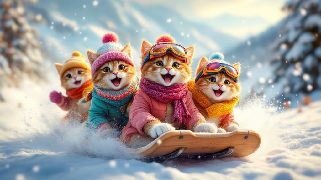 Felinine Fun in Winter Wonderland: Colorful Cats Tobogganing...