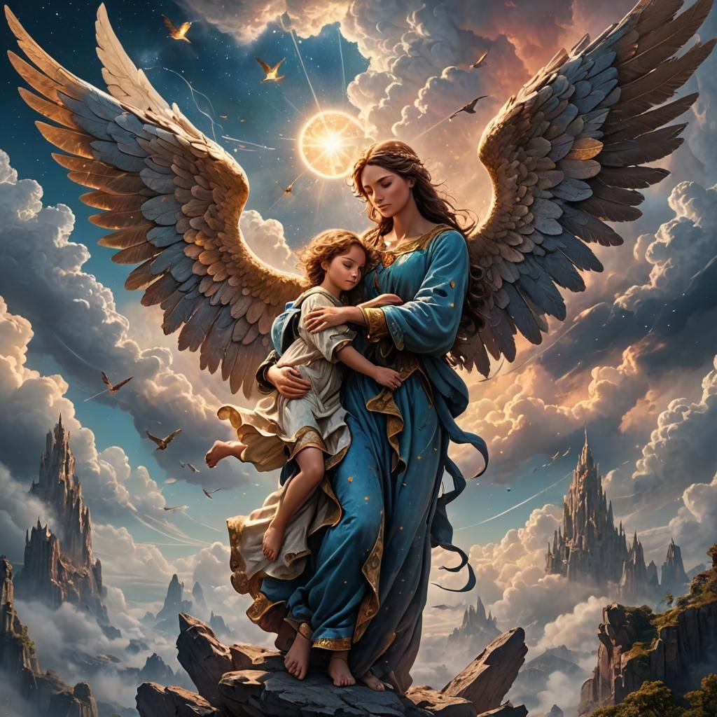 Angelic Mother and Child Embrace in the Sky
