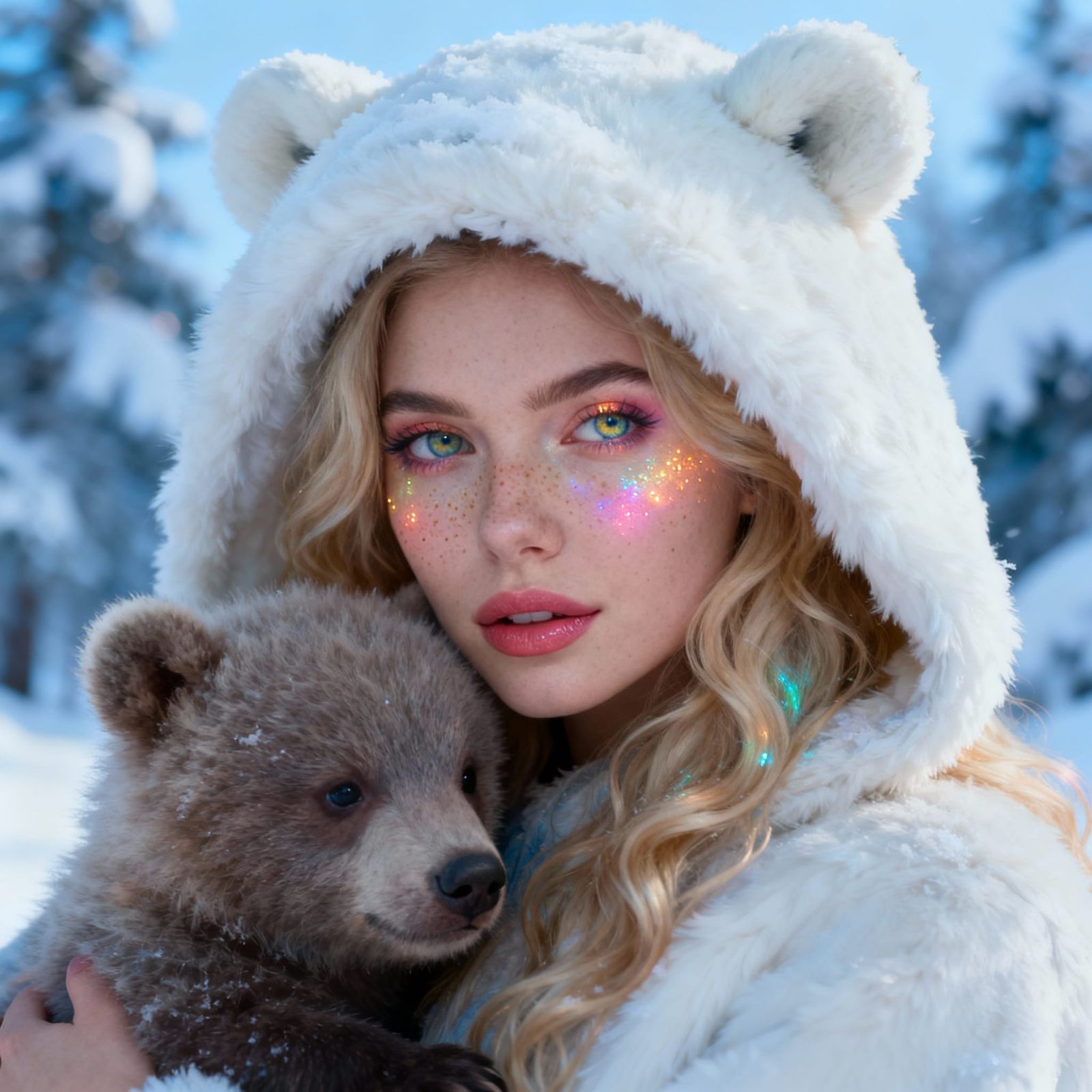 Woman and Bear Cub in Snowy Forest, Glowing Freckles