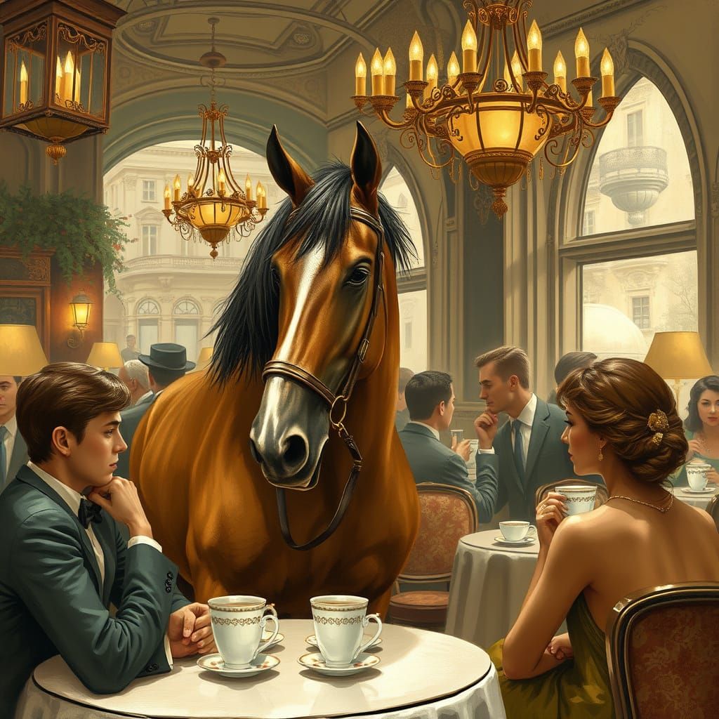 Majestic Horse Sipping Coffee in Parisian Cafe