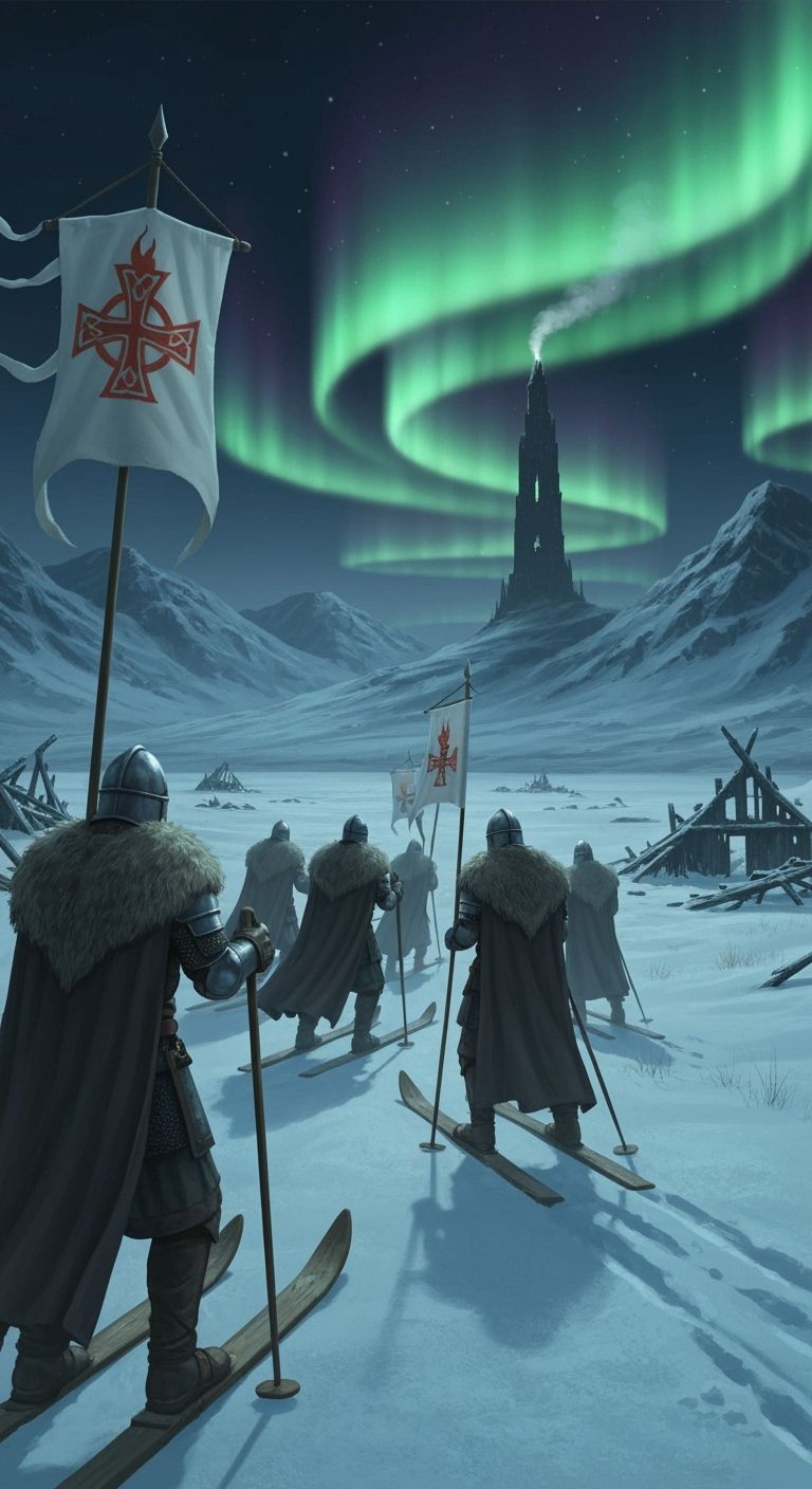 Knights on Skis March North Towards a Tower Under Aurora