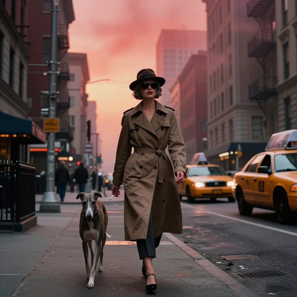 Elegant Woman Walks Greyhound on Old Manhattan Street