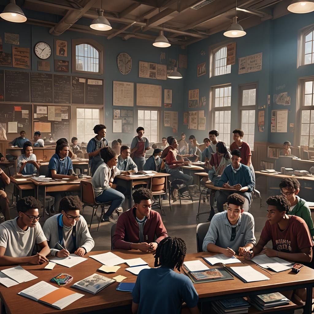 High School Students Learning Together: Matte Painting