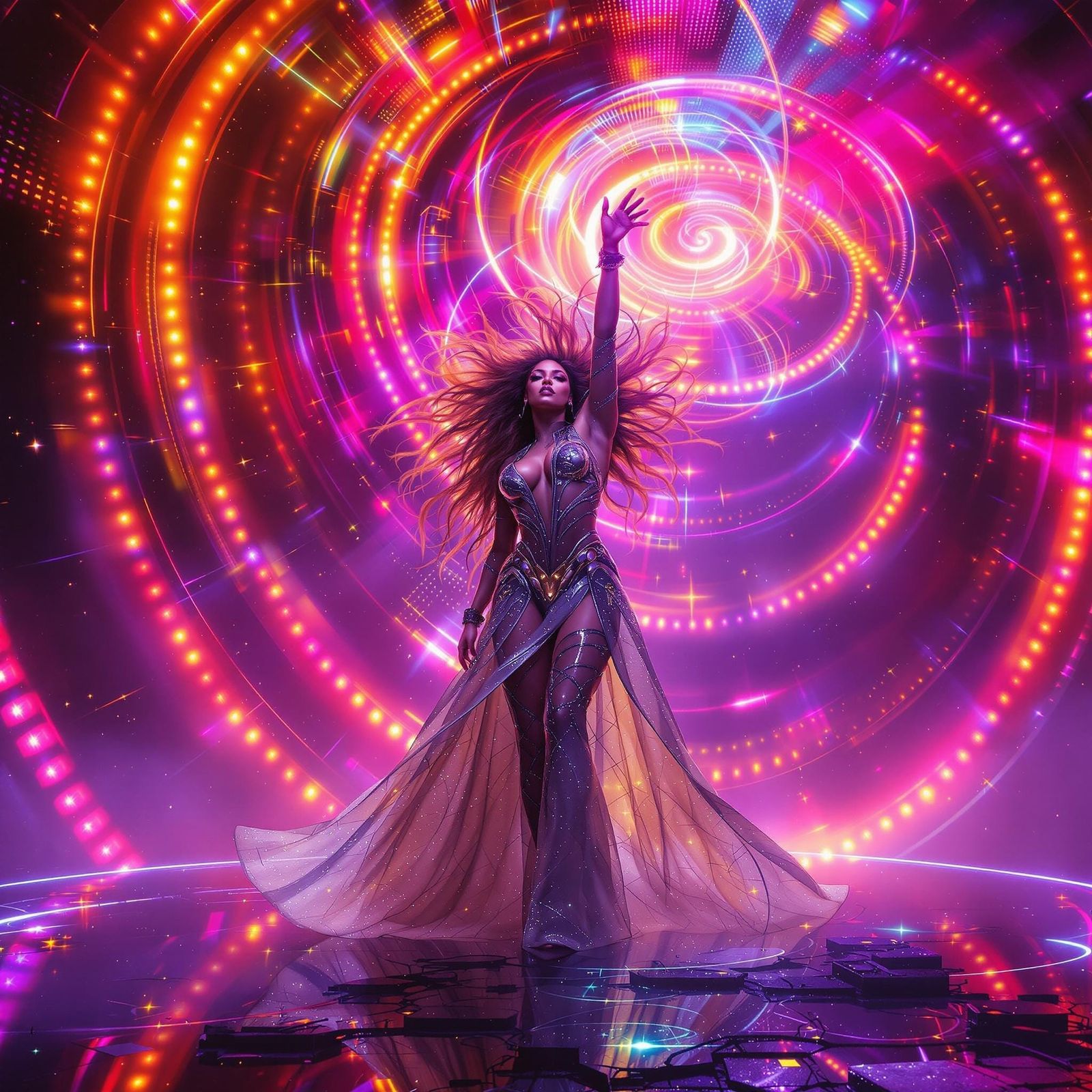 Futuristic Janet Jackson Triumphs in Vibrant Fantasy Landsca...
