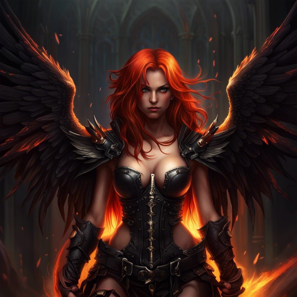 HD Dark Angel with Swords and Fiery Hair