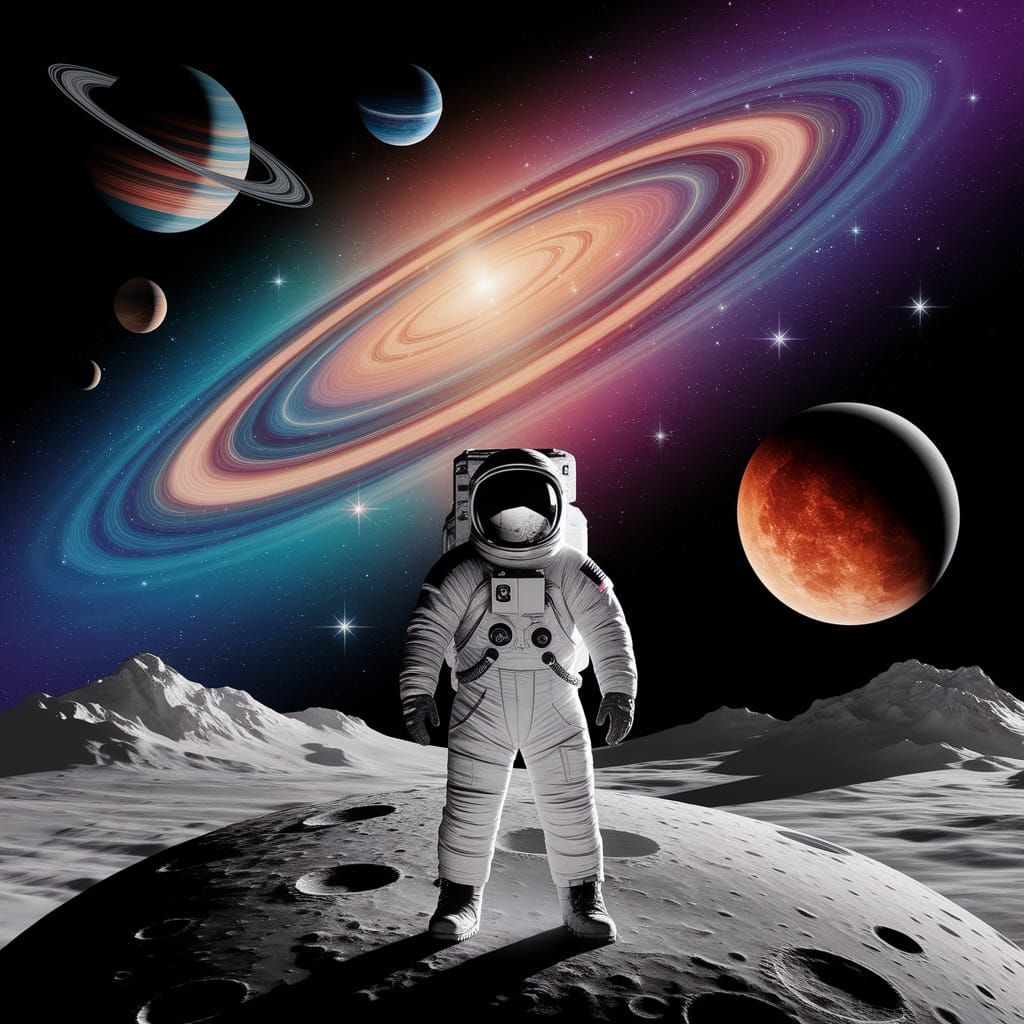 Astronaut on Moon with Cosmic Collage