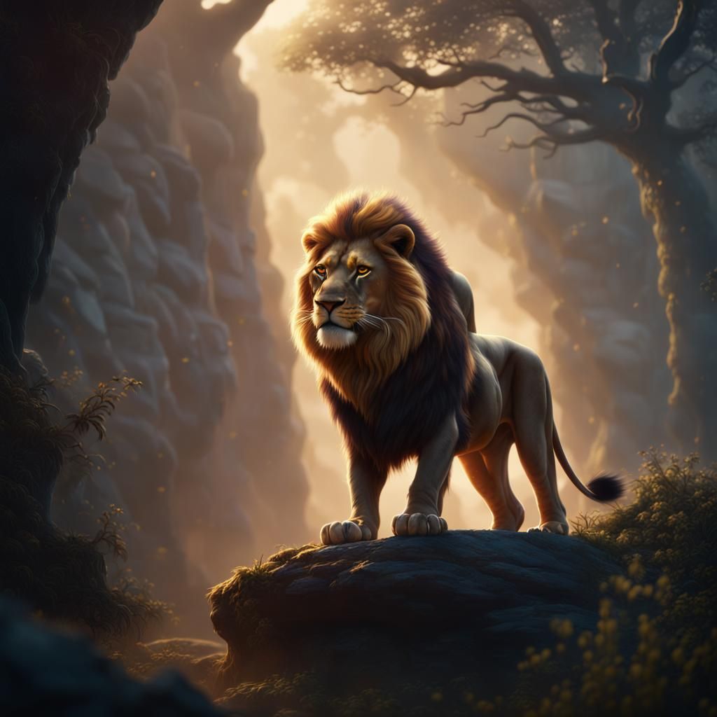 Majestic Lion Emerges from Glowing Mist