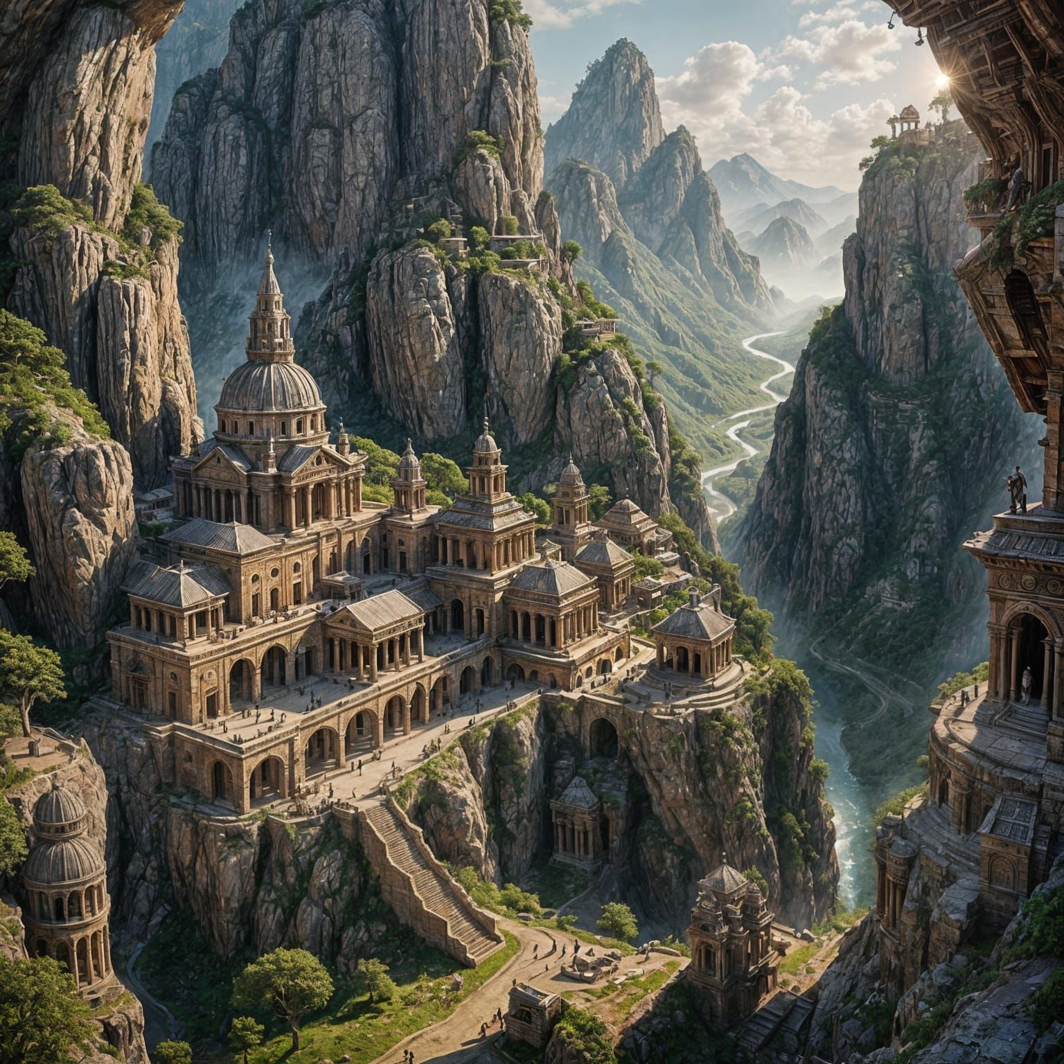Realistic Ancient Mountain City with Huge Statues